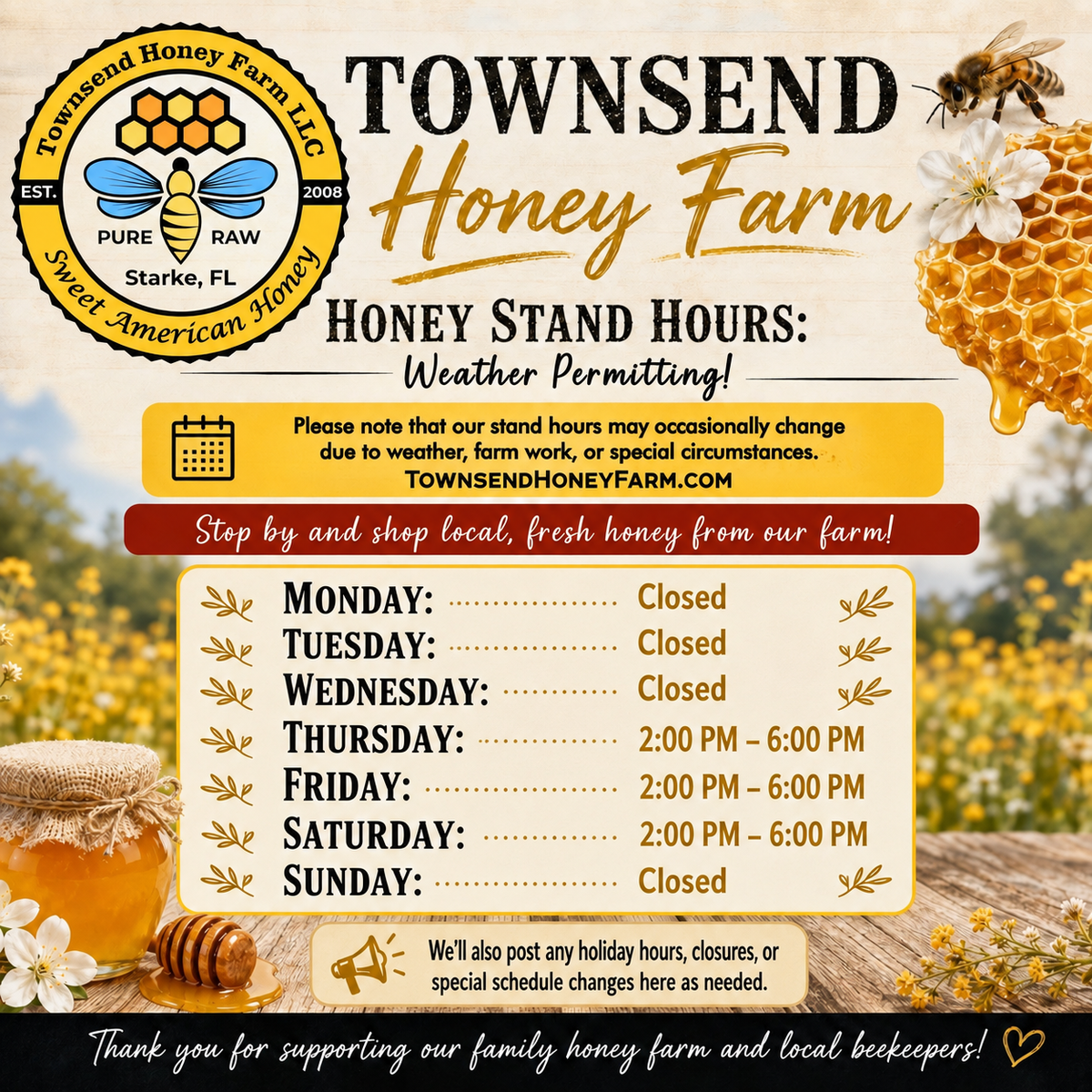 Image showing the roadside stand days and hours of operation.