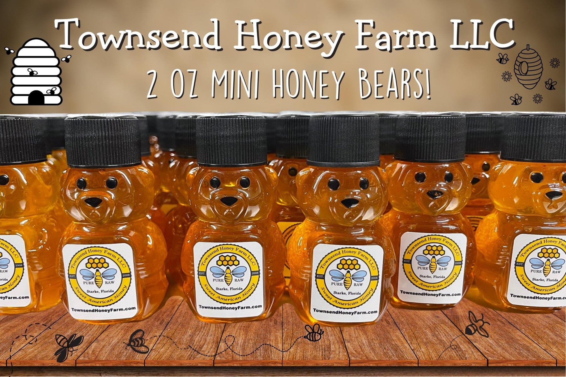 Pure Florida Raw Honey Mini Bears – Set of 100 (2 oz each) - Townsend Honey Farm LLC