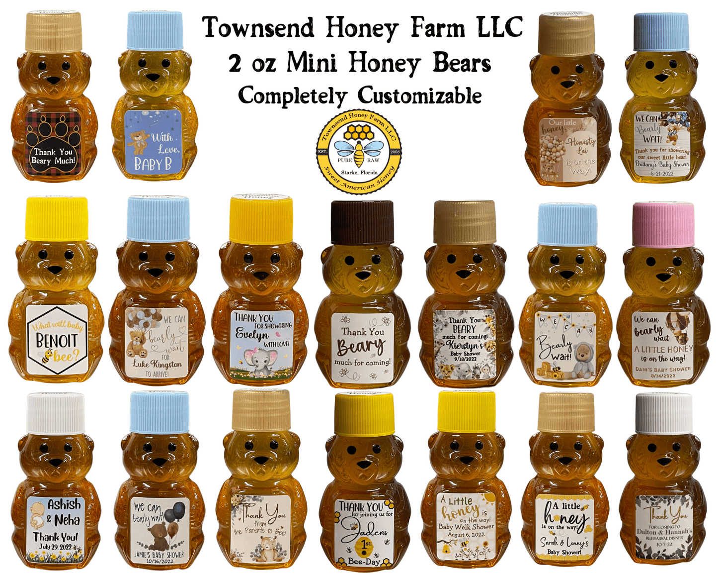 Pure Florida Raw Honey Mini Bears – Set of 100 (2 oz each) - Townsend Honey Farm LLC